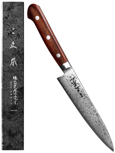 MASAMOTO ZA Japanese Petty Knife 5.5' Damascus Kitchen Utility Knife, ZA-18 Clad 69 Layers Japanese Stainless Steel Blade, Mahogany Pakkawood Handle, Made in JAPAN -Tokyo Exclusive Edition-