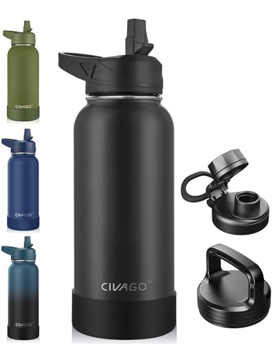 CIVAGO 32 oz Insulated Water Bottle With Straw, Stainless Steel Sports Water Cup Flask with 3 Lids (Straw, Spout and Handle Lid), Wide Mouth Travel Thermal Mug, Black