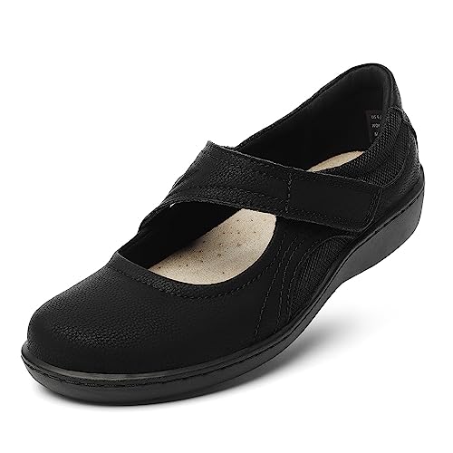 Oviaric Women's Classic Comfort Black Mary Jane Flats Fashion Casual Dress Shoes Cute Closed Toe Slip On Lightweight Breathable Walking Shoes 8 M US 1904-HEI080