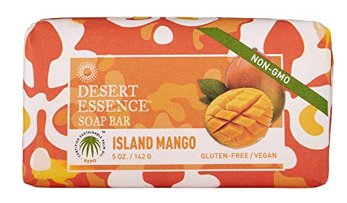 Desert Essence, Island Mango Soap Bar 5 oz. - Non-GMO - Gluten Free - Vegan - Cruelty Free - Sustainable Palm Oil -Mango Seed Butter & Aloe - Softens & Cleanses Skin - Tropical Mango Scent