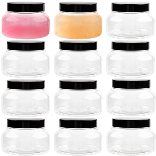 TUZAZO 8 Oz Plastic Container Tuscany Jars with Lids BPA Free, 12 Pack Empty Round Clear Cosmetic Containers Body Butter Jars for Lotion, Cream, Gel, Sugar Scrub