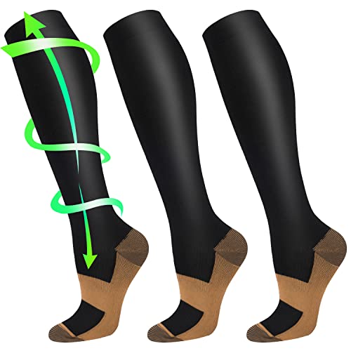Iseasoo 3 Pairs Copper Compression Socks for Women&Men Circulation-Best for Running,Nursing,Hiking,Flight&Travel(L/XL)
