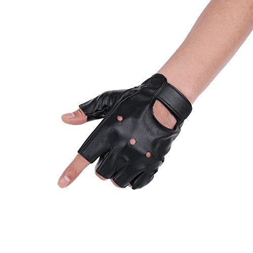 JISEN Men PU leather Punk Half Finger Hollow Out Gloves Black