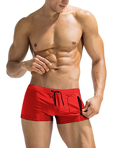 COOFANDY Mens Quick Dry Lightweight Square Leg Cut Trunks Swimwear, Medium, 1 - Red