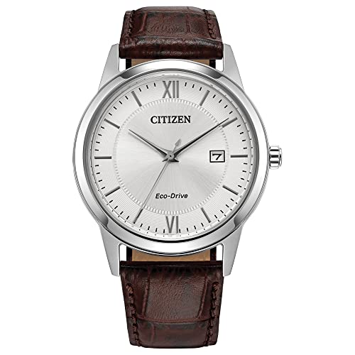 Citizen Men's Classic Eco-Drive Leather Strap Watch, 3-Hand Date, Luminous Hands and Markers, Brown Strap/ Stainless