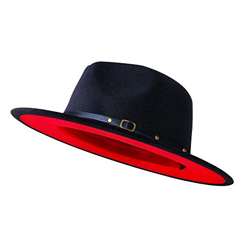 KUJUHA Wide Brim Fedora Two Tone Dress Hat, Large-X-Large, Black & Red