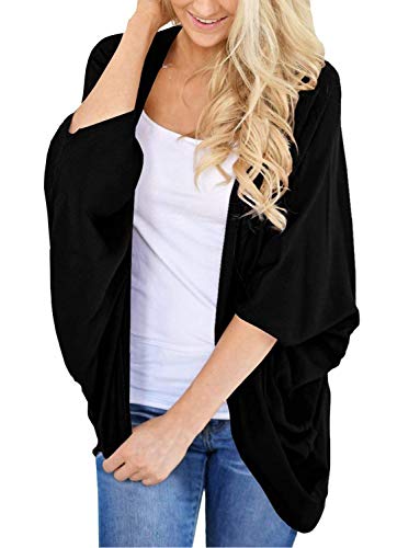 BB&KK Lightweight Cotton Kimono Cardigans for Women Open Front Cover Up Tops Solid Boho 3/4 Batwing Sleeve Black XXX-Large