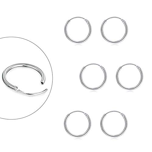 Sterling Silver Hoop Earrings for Women Men Girls, Hypoallergenic Cartilage Earring Endless Small Hoop Earrings Set, 3 Pairs of 925 Sterling Silver Tragus Earrings Nose Lip Rings (8mmx3)