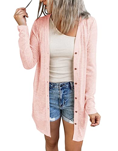 MEROKEETY Women's Open Front Lightweight Cardigan Long Sleeve Button Down Loose Outwear, LightPink, XL