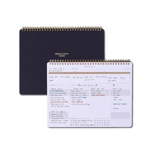 Weekly Productivity Planner - 54 Sheets Dashboard Desk Notepad Has 6 Focus Areas to List Tasks for Goals, Projects, Clients, Academic or Meal-Organize Your Daily Work Efficiently - Black-A4