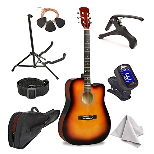 Master-play Beginner Full Size 41” Wood Cutaway All String Acoustic Guitar, With Bonus Accessories Kit; Case, Strap, Capo, Extra Strings, Picks, Tuner, Wash Cloth, Stand (Sun)