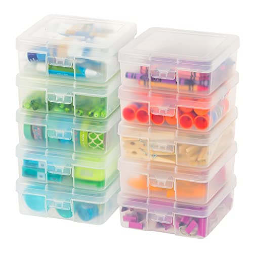 IRIS USA 10 Pack Small Plastic Hobby Art Craft Supply Organizer Storage Containers with Latching Lid, for Pencil, Crayon, Ribbons, Wahi Tape, Beads, Sticker, Yarn, Ornaments, Stackable, Clear