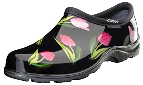 Sloggers Waterproof Garden Shoe for Women – Outdoor Slip-On Rain and Garden Clogs with Premium Comfort Support Insole, (Tulip Black), (Size 11)