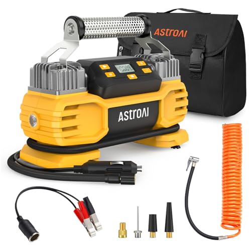 AstroAI Portable 160 PSI Heavy Duty Tire Inflator Pump with Screen, Dual Cylinders & Dual Motors, Dual Power Air Compressor for SUVs, RVs, ORVs, Trucks, Cars, Air Mattresses, etc. Yellow