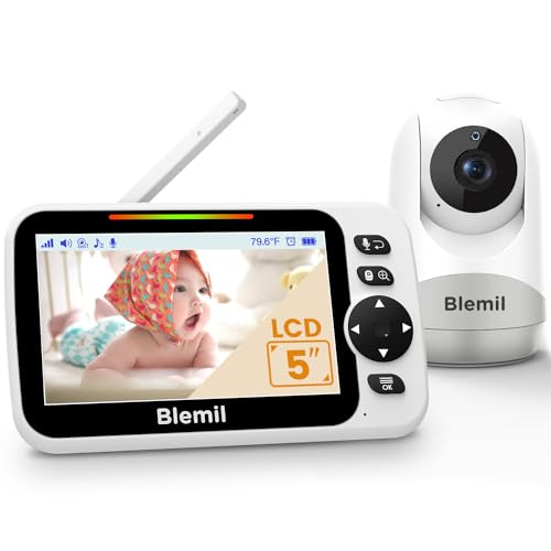 Blemil Baby Monitor with 30-Hour Battery, 5' Large Split-Screen Video Baby Monitor with Camera and Audio, Remote Pan/Tilt/Zoom Camera, Two-Way Talk, Night Vision, Lullabies, No WiFi