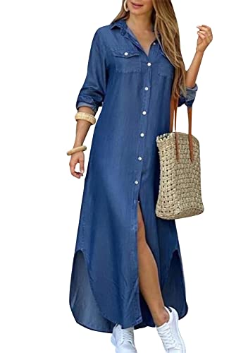 GORIFE Womens Casual Rolled-up Sleeve Maxi Dress Button Down Long Sleeve Shirt Dress Collared Dress Denim L