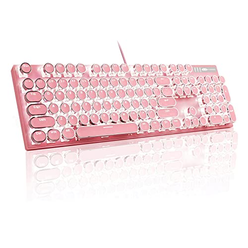 MageGee Typewriter Mechanical Gaming Keyboard, Retro Punk Round Keycap LED White Backlit USB Wired Keyboards for Game and Office, for Windows Laptop PC Mac - Blue Switches/Pink