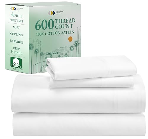 California Design Den Queen Size Sheet Set, 600 Thread Count 100% Cotton Sheets, Luxury Extra Deep Pocket Queen Sheets Cotton Sateen, 4-Pc Hotel-Quality Queen Sheet Set - White Sheets