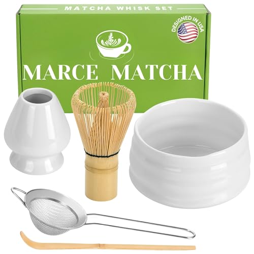 Marce Matcha Whisk Set- Matcha Whisk and Bowl, Matcha Sifter, Matcha Whisk Holder and Matcha Spoon- The Perfect Matcha Kit for Matcha Tea (White)