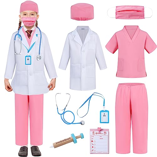 Aoiviss Doctor Costume for Kids Scrubs Pretend Play Kit with Doctor Lab Coat and Stethoscope Halloween Doctor Dress up for Boys Girls, Pink