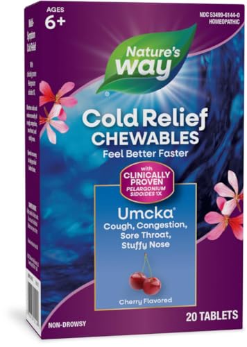 Nature's Way Cold Relief, Umcka, Shortens Duration and Reduces Severity, Multi-Symptom Cold Relief, Homeopathic, Phenylephrine Free, Cherry Flavored, 20 Chewable Tablets (Packaging May Vary)