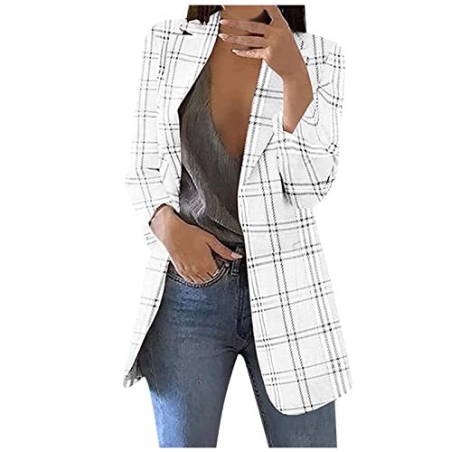 Prime Deals Today Clearance Women's Blazers & Suit Jackets Checkered Long Sleeve Notch Lapel Fashion Classic Cardigans Fall Office Formal Coats Jackets for Women Fashion White XL