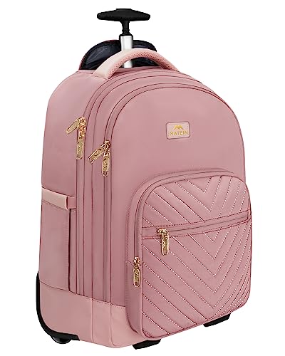 MATEIN Rolling Backpack for Women, 17 Inch Travel Laptop Backpacks with Wheels, Large Carry On Business Luggage Roller Backpack, Waterproof Trolley Suitcase Overnight College Work Computer Bag, Pink