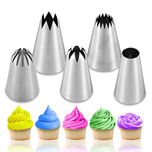 Suuker 5 Pcs/Set Large Piping Tips Set,Stainless Steel Frosting Piping Kit,Pastry Cake Decorating Tips Baking Tools For Cookies Cupcake Decorating Kit (1A 1E 348 347 356)