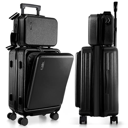 TRAVELARIM 22 Inch Carry On Luggage, Carry On Suitcase with Wheels, Hardside Luggage Carry On, Expandable Black Small Suitcase, Hard Shell Carry-on Luggage, Spinner Luggage with Cosmetic Carry On Bag