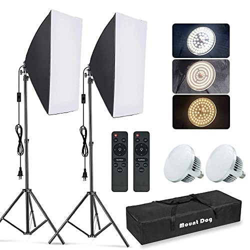 MOUNTDOG Softbox Lighting Kit, 2x19.7'x27.5' Photography Continuous Lighting System with 2pcs 85W 5700K E27 Socket LED Bulbs and Remote for Portrait Product Fashion Photography