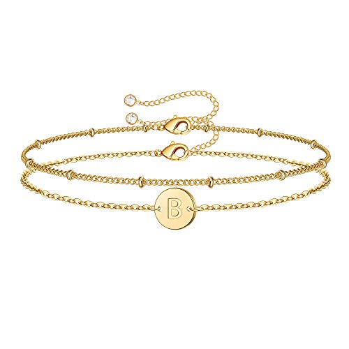 MONOZO Gold Initial Bracelets for Women, Dainty 14K Gold Filled Layered Beaded B Letter Initial Bracelet Personalized Alphabet Disc Monogram Charm Bracelet Jewelry Gifts for Girls
