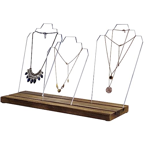 MyGift 3 Panel Modern Clear Acrylic Multi Necklace Holder Bust with Rustic Burnt Solid Wood Base, Adjustable Neck Form Easel Jewelry Display Stand, 4 Piece Set