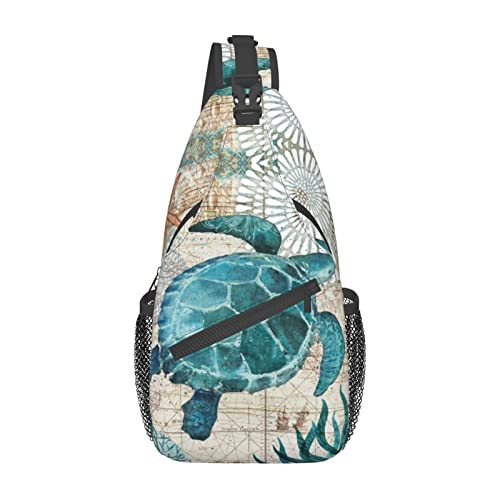 COFEIYISI Sea Turtle Sling Bag Crossbody Backpack for Men Women Nautical Blue Turtle Coastal Animal Sea Fish Underwater World Print Chest Bag Casual Shoulder Backpack Travel Hiking Daypack