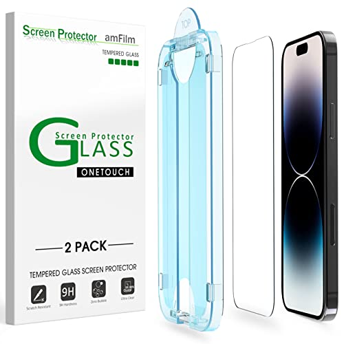 amFilm Screen Protector OneTouch Compatible with iPhone 14 Pro Max 6.7', Dynamic Island Compatible- with Easy Installation Kit, Full Coverage Case Friendly, Tempered Glass, 2 Pack