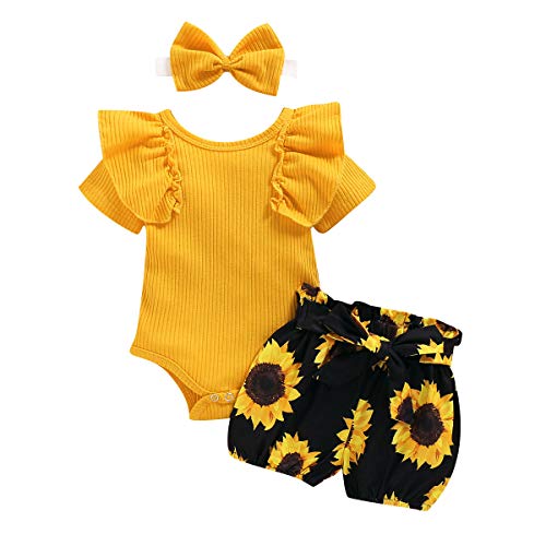 Newborn Infant Baby Girl Summer Outfit Ruffle Sleeve Rib Knit Jumpsuit Romper Sunflower Shorts Bow Headband 3Pcs Clothes Set (B-Yellow, 0-3 Months)