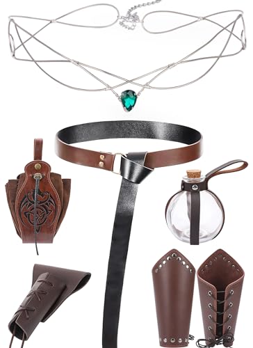 COTEEZA Fairy Renaissance Accessory Set - 5 Pcs Medieval Retro Pouch Cork Bag Magic Bottle Vintage Leather Belt Wrist Scabbard Silver Crystal Crown for Viking Cosplay Halloween Carnival Brown Accesory