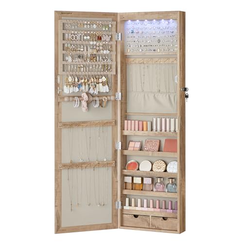 SONGMICS 6 LEDs Mirror Jewelry Cabinet, 47.2-Inch Tall Lockable Wall or Door Mounted Jewelry Armoire Organizer with Mirror, 2 Drawers, 3.9 x 14.6 x 47.2 Inches, Toasted Oak Color Mother's Day gifts