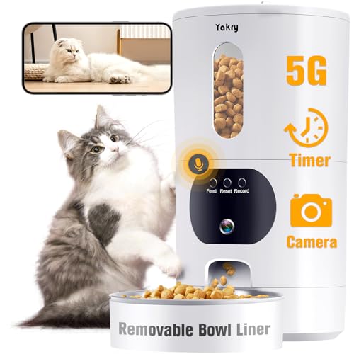 Automatic Cat Feeders Camera 5G: WiFi Easy to Clean Timed Smart Dog Food Dispenser 2-Way Audio Memory Function Pet Feeder HD 1080P Video Record APP Control Dry Food Clear Night Vision Yakry