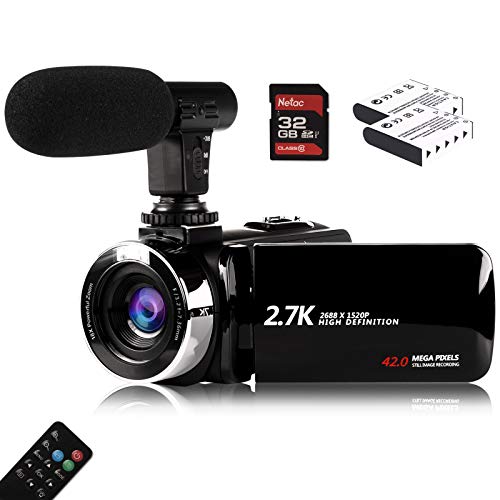 Vmotal Video Camera Camcorder with Microphone, 2.7K HD 42.0 MP 18X Digital Zoom 1080P Vlogging YouTube Recorder, 270 Degree Rotation 3.0 Inch Screen with 2 Batteries Inculde 32GB SD Card