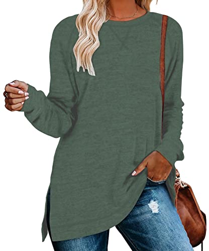 NILOUFO Womens Long Sleeve T Shirts Casual Blouses Trendy Tops Side Split Tunics(Green, X-Large)