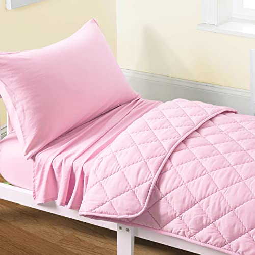 FLXXIE 4 Pieces Toddler Bedding Set, Soft and Breathable Microfiber Crib Sheet Set, Includes Quilted Comforter, Flat Top Sheet, Fitted Sheet, Envelope Pillow Case for Boys and Girls, Pink