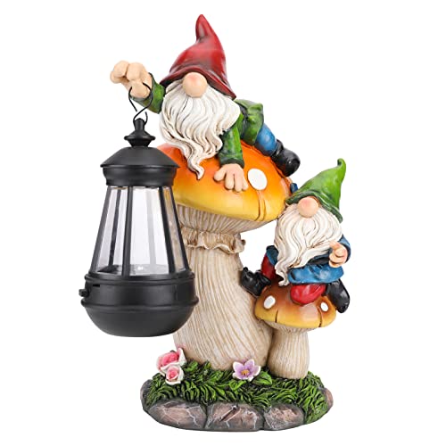 Ovewios Garden Gnome Statue, Large Funny Gnome Figurine Climbing on Mushroom and Holding a Solar LED Lantern Resin Ornament for Patio Yard Lawn Porch Outdoor Decor