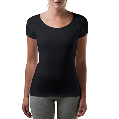 Women's Sweatproof Undershirt | Slim Fit Scoop Neck T-Shirt with Underarm Sweat Pads | Aluminum-Free Alternative, Black, Large