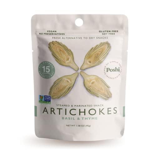 POSHI Marinated Artichoke Hearts Snack Pack | Basil + Thyme | Keto, Vegan, Paleo, Non GMO, Low Carb + Calorie, Gluten Free, Fully Cooked Vegetables, Gourmet, Healthy, All Natural (10 Pack, 1.58 oz)