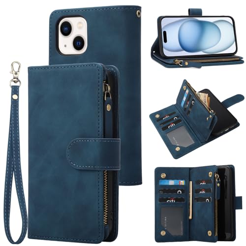 RANYOK Wallet Case for iPhone 15 Plus with Card Holder, Premium PU Leather with RFID Blocking Zipper Flip Folio Wallet Wrist Strap Kickstand Protective Case -6.7 Inch (Blue)