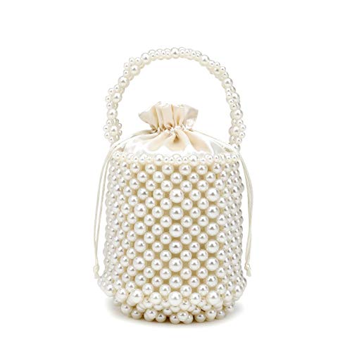 DJBM Women Handmade Beaded Handbag Bucket Handbag Artificial Pearl Clutch Bag for Party Wedding