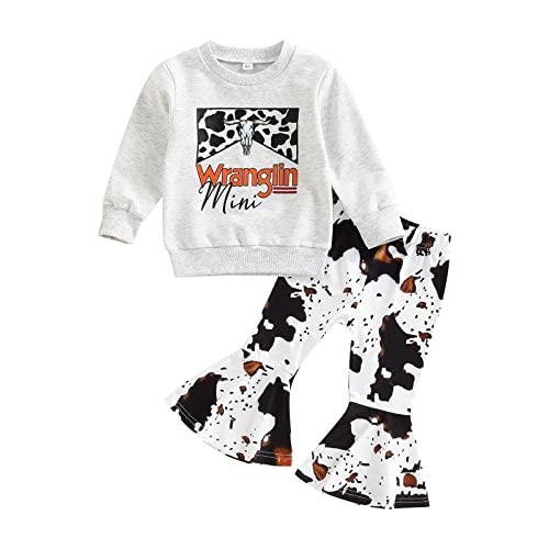 Youweixiong Toddler Baby Girl Fall Winter Clothes Set Letter Print Pullover Sweatshirt Top+Cow Spot Flared Pants Bell Bottom Outfits (Gray, 6-12 Months)