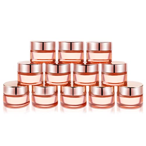 Cositina 12 Pack 1oz Pink Glass Jars,Empty Round Storage Travel Containers with Rose-Golden Lids & Inner Liners,Refillable Cosmetic Vials for Moisturizer,Creams,Salve, Lotion