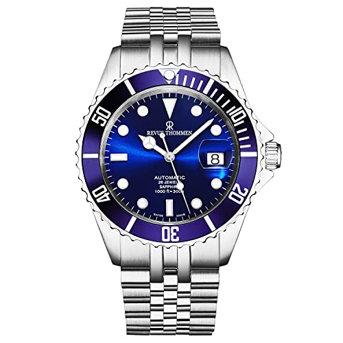 Revue Thommen Mens Automatic Diver Watch - 42mm Analog Blue Face Diving Watch with Luminous Hands, Date and Sapphire Crystal - Stainless Steel Metal Band Swiss Made Waterproof Dive Watch