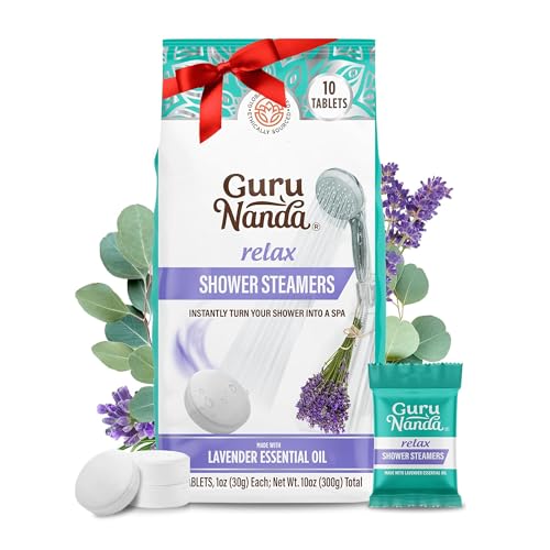 GuruNanda Relax Shower Steamer Tablets (Pack of 10) - 100% Natural Lavender Essential Oil to Support Stress Relief & Relaxation, with Eucalyptus to aid in Congestion - Perfect for Home Spa & Self Care